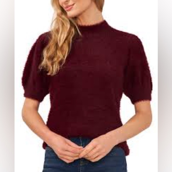 CeCe Sweaters - CeCe WOMEN'S SHORT-SLEEVE MOCK-NECK EYELASH SWEATER IN WINE XL